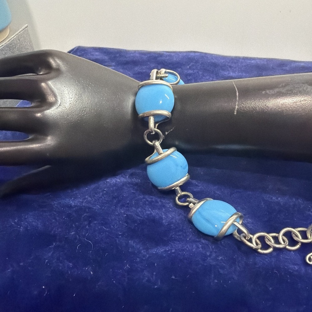Vintage Sterling Silver Turquoise Linked Bracelet 9in Adjustable 925 Blue Stone